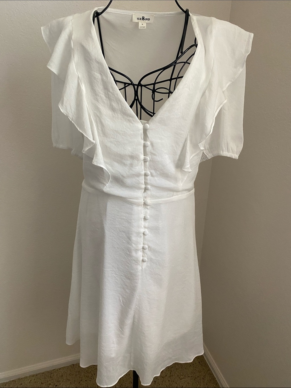 Ice bird White Flutter Sleeve Button-Front Dress